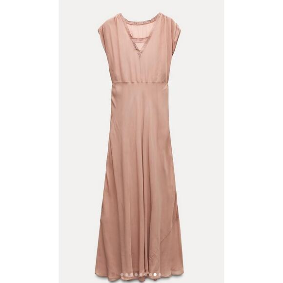 ZARA 2025 Collection | NEW Tan Lace Slip Midi Dress Medium Dainty Coquette Fem - Picture 6 of 12
